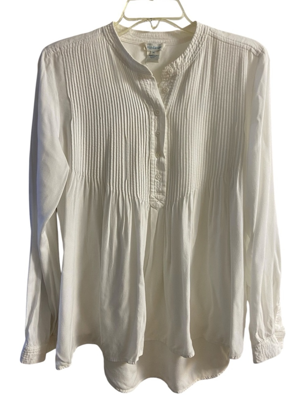 Sundance White Cotton Pintuck Pleated Long Sleeve Henley Blouse Medium